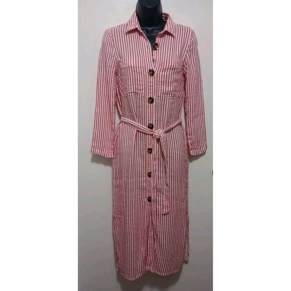 Zara Woman Striped Midi Shirt Dress XS Button Front Red & White Belted Pockets - Picture 2 of 12